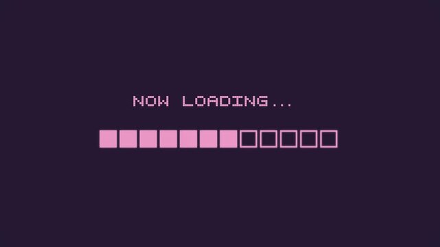 Retro Pixel Art Loading Bar with Text Now Loading on Dark Purple Background
