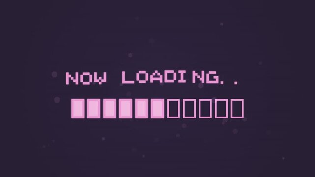 Retro Pixel Art Loading Bar with Text Now Loading on Dark Background