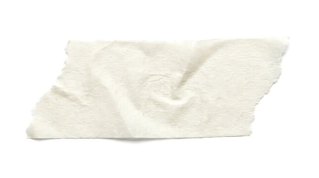 Slightly tilted piece of crumpled light cream masking tape showing torn fibrous borders on solid white background