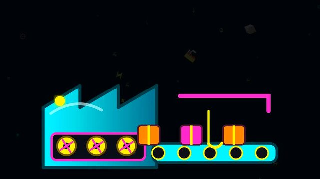 Neon cartoon animation showing a parcel drop process on a moving assembly line during a vibrant digital black friday sale event for retail supply chains