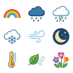 Obraz premium Weather forecast and meteorological symbols collection illustrating colorful rainbow, rainy cloud, thunderstorm, snowflake, wind lines, night moon with stars, thermometer, leaf breeze, and spring.