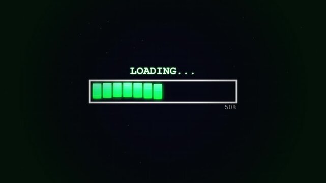 Digital Loading Bar Progress Indicator with Green Blocks on Dark Background
