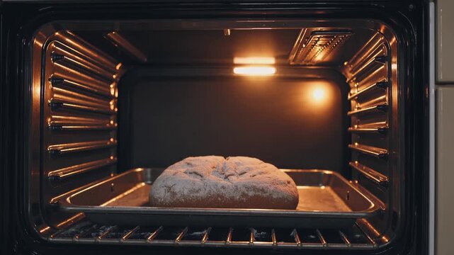 Rows of golden loaves rising in commercial ovens, warm light highlighting crust texture as a busy bakery production line bakes fresh artisan bread for wholesale and retail markets.