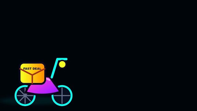 A vibrant digital bicycle icon gliding across a dark void represents a quick parcel drop service perfect for enticing shoppers during a busy black friday event