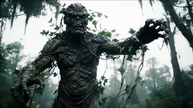 Swamp monster appears, Mysterious creature unexpectedly surfaces from murky swamp water, An unforeseen mosscovered swamp beast suddenly appears from depths of wetlands.