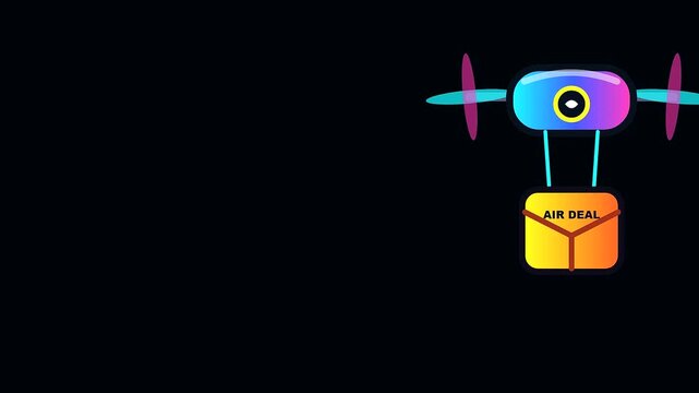 Minimalist digital animation featuring a flying courier machine carrying a box during a black friday parcel drop event set against a solid dark empty space