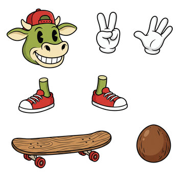 Cartoon cow skateboarder character creator kit with smiling cow head in baseball cap and sneakers. Funny animal extreme street sports mascot components on white background template display.