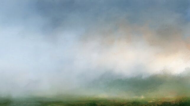 Soft abstract misty landscape in muted blue, green and beige tones with an atmospheric painterly texture
