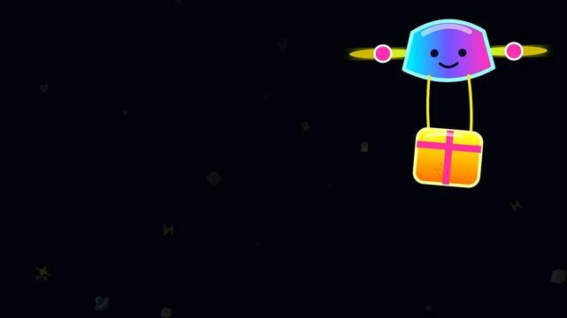 Three neon robotic machines floating through dark space to complete a parcel drop during a festive black friday retail event featuring bright colorful gift boxes