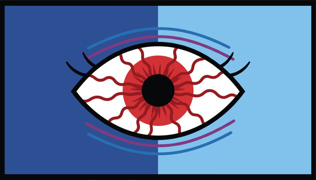 Close up illustration of a bloodshot eye with visible red veins and red iris set against a split blue background.