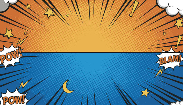 Colorful comic book style background with split day and night theme featuring dramatic explosions, clouds, and stars.
