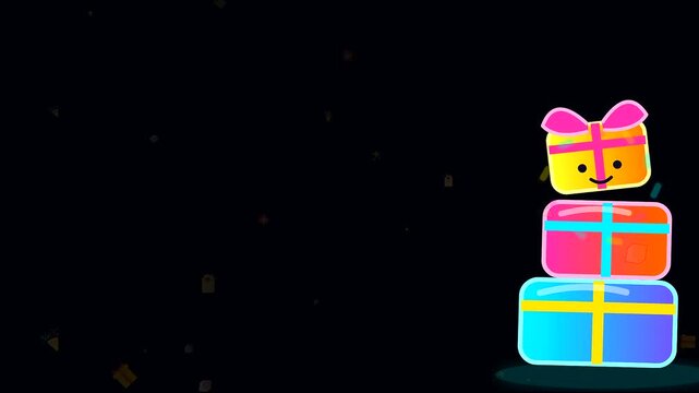 Animated colorful cubes representing a festive black friday parcel drop sequence featuring stacked gift boxes hopping and landing neatly on a dark digital void surface area