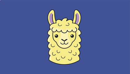 Fototapeta premium Adorable cartoon portrait of a cute yellow llama head with fluffy fur isolated on a solid dark blue background.