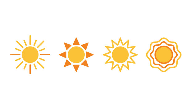Set of four diverse yellow and orange sun icons with unique ray designs representing warm weather and summer.