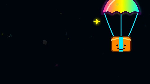 a whimsical animation showing a black friday delivery where a smiling orange parcel drop falls from above using a glowing rainbow parachute against dark space