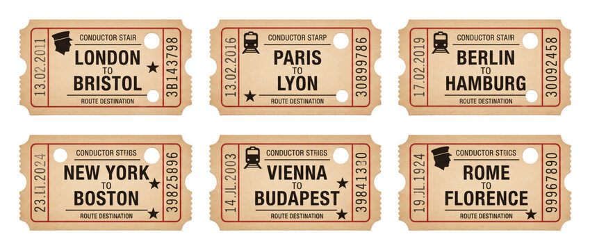 Set of vintage European railway train transit travel tickets from London, Paris, Rome and Berlin. Historic continental public transportation boarding passes on white background template display.