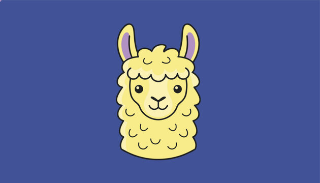 Adorable cartoon portrait of a cute yellow llama head with fluffy fur isolated on a solid dark blue background.
