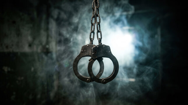 Chains And Handcuffs Hanging With Mysterious Smoke And Dramatic Lighting
