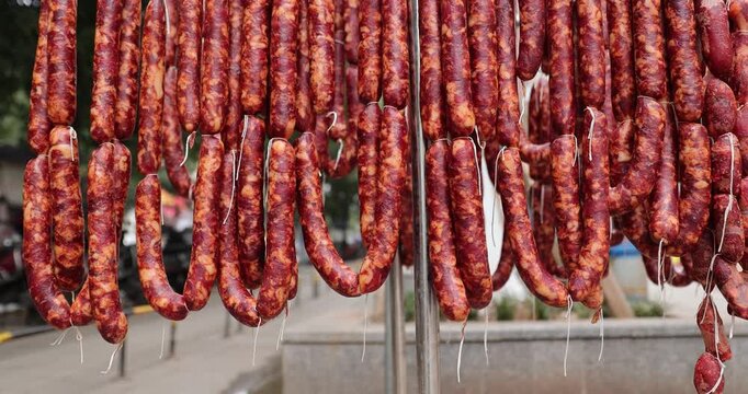 Traditional Chinese lunar new year food: dried sausage in chengdu city,China