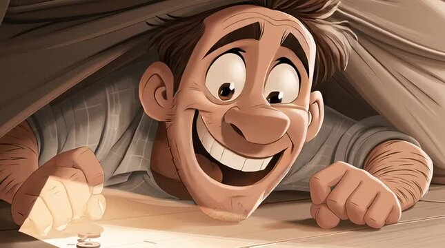 Lost keys found relief and joy concept as a man crawls under a sofa to retrieve his missing house keys cartoon style illustration for home life
