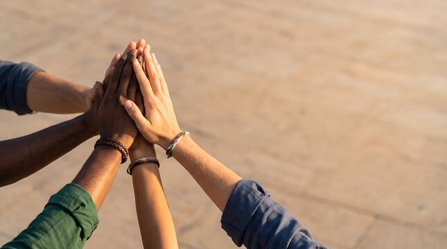 A diverse group of people joins hands in a stack to show unity and teamwork during a sunny outdoor event with copy space.