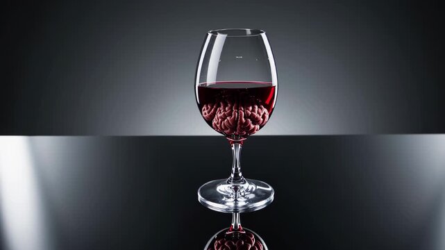 Lowangle wine glass with brain dramatic spotlight, deep burgundy liquid on mirrored surface, bar counter suggestion with reflective ripple, cinematic closeup of cerebrum, symbolic portrayal.