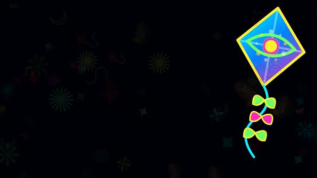 vibrant kite illustration featuring traditional henna ornament patterns floating against a dark sky during a festive diwali celebration of lights in a simple flat style
