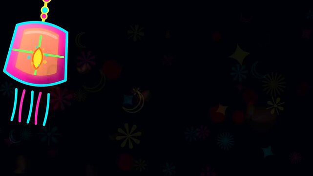 vibrant diwali hanging lamps decorated with henna ornament patterns glow softly against a dark space filled with floating starlight and festive floral graphic elements