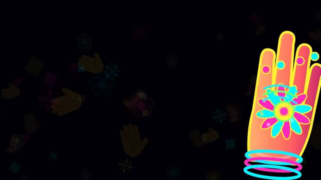 vibrant henna ornament designs displayed on human hands celebrating a traditional diwali festival with colorful glowing floral motifs and bright bangles in a stylized digital animation