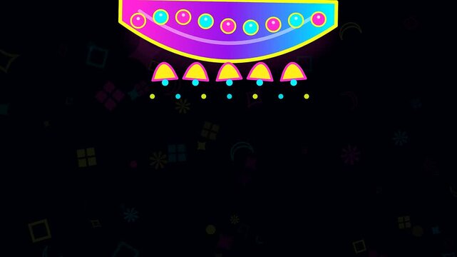 vibrant neon diwali lamp elements create a festive atmosphere as this henna ornament style digital frame illuminates with glowing circles and hanging golden bell shapes galore