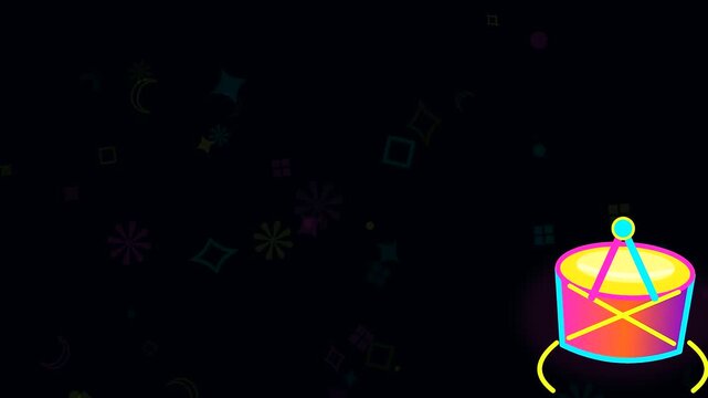 Minimalist diwali drums animated rhythmically across a dark void while floating henna ornament patterns shimmer in a soft glowing neon aesthetic to create festive celebrations