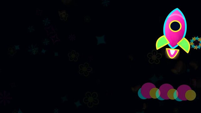 Animated space rockets flying upward decorated with a colorful diwali henna ornament pattern against a dark starry sky filled with floating flowers and glowing neon shapes