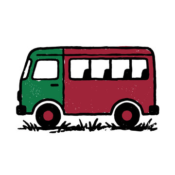 Hand drawn illustration of a vintage mini bus with red and green color parked on the grass