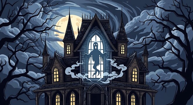 A spooky haunted mansion stands under a glowing full moon with eerie spirits floating through dark windows while twisted ancient trees frame the scary nocturnal landscape during midnight hours