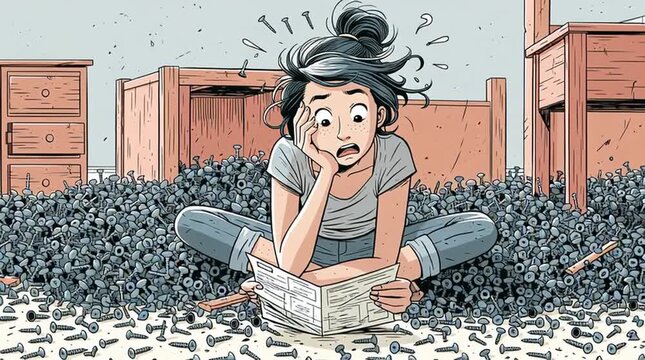 Overwhelmed by DIY home improvement woman reading instruction manual surrounded by piles of screws stress and frustration in cartoon style