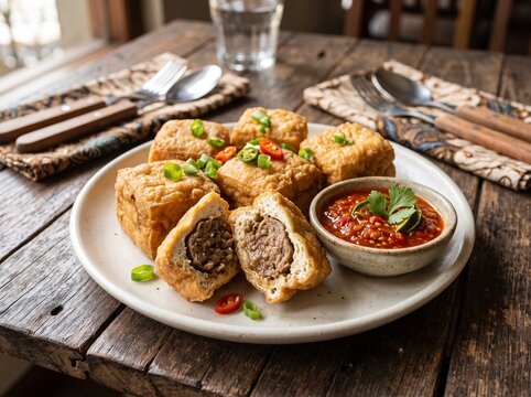 Indonesian tahu bakso fried tofu stuffed with meatball filling and red chili sauce on rustic wooden table