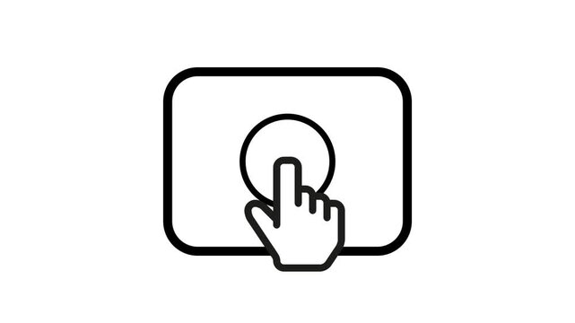 Animation of hand pointer clicking a rounded rectangular button on a tablet outline on white background. Perfect for app UI, web design, and tech visuals.