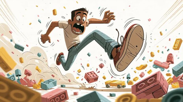 Stress and burnout concept cartoon man running away from chaotic falling building blocks high pressure and anxiety in modern life 2d animation