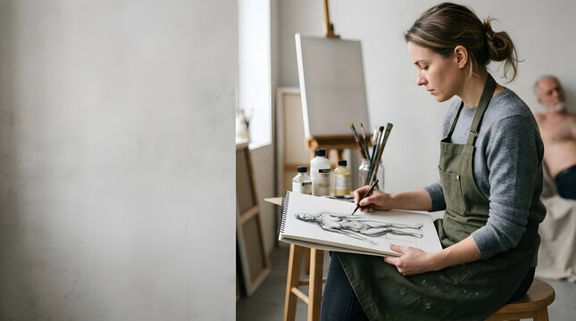 Female artist sketching figure in bright creative art studio.
