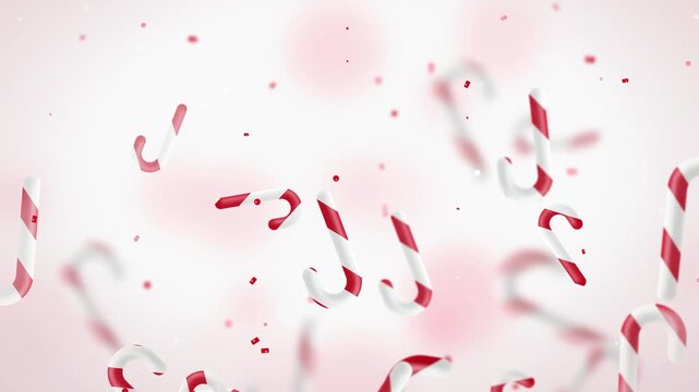 Candy Cane Animated Background, Sweet Holiday Motion Graphics, Festive Bokeh Effects, Christmas Theme, Red and White Striped Candy, Fun and Playful Atmosphere, Seasonal Celebration
