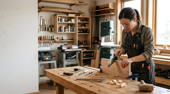 Female carpenter working with tools in woodworking workshop.