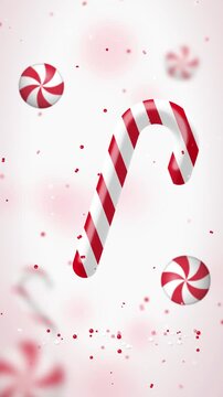 Candy Cane Animation with Peppermint Swirls and Confetti, Sweet Treats Motion Graphics, Festive Holiday Background, Christmas Theme, Sweet Candy Visuals, Whimsical Dessert Design, Celebratory Graphics