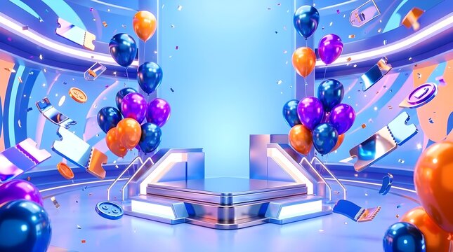 3D futuristic mega sale podium background with balloons coupons and copy space