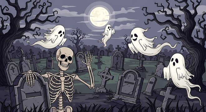 A friendly skeleton waving cheerfully among spooky gravestones while playful spirits float underneath a glowing full moon during a chilly autumn night filled with mysterious shadows