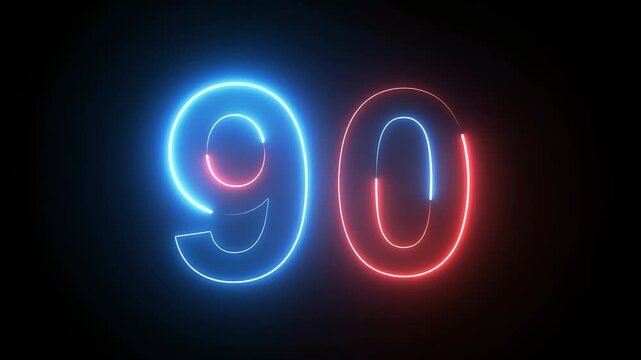 Glowing neon number ninety in red and blue on black background