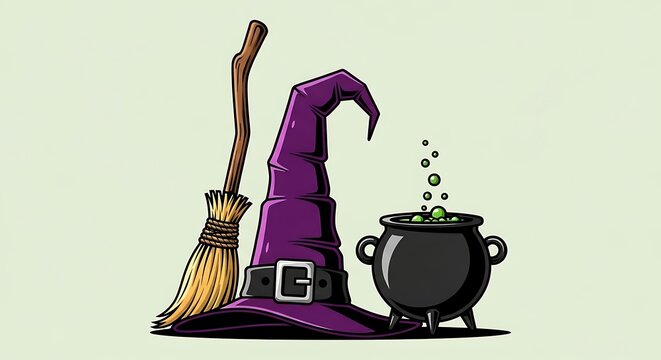 A magical purple witch hat stands beside a traditional wooden broomstick and bubbling cauldron during spooky Halloween celebrations for festive autumn seasonal graphic design projects