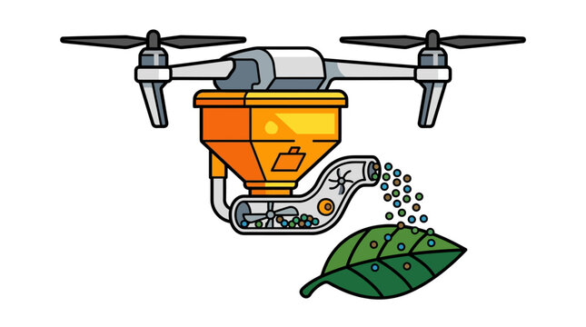 Agricultural drone spreading fertilizer seeds on a green leaf, smart farming technology concept vector illustration on white