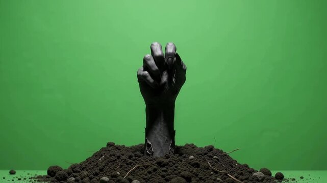 Decaying zombie hand rising from dirt on green screen background