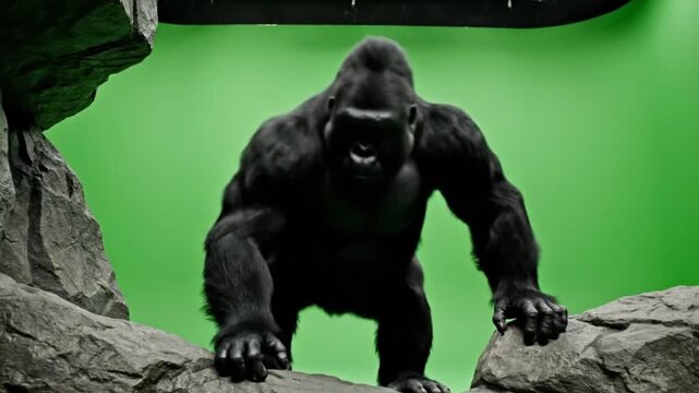 A powerful silverback ape walks across rough rocky terrain inside a studio with a bright green background