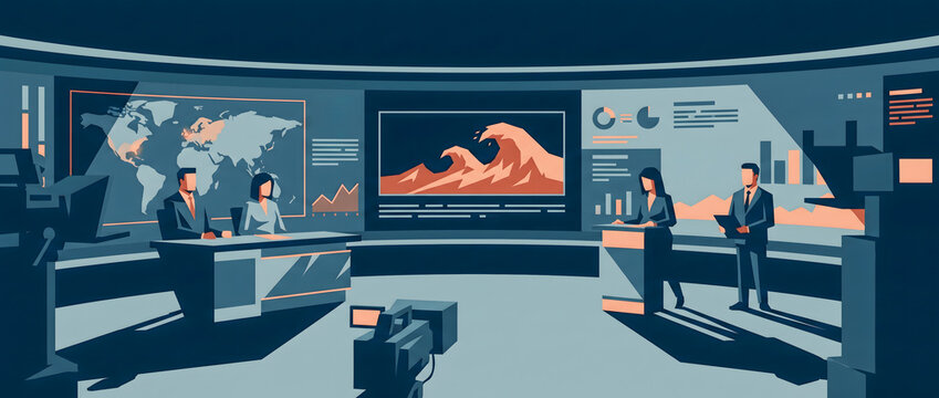 Climate risk analysts monitoring global disasters in modern emergency operations center illustration